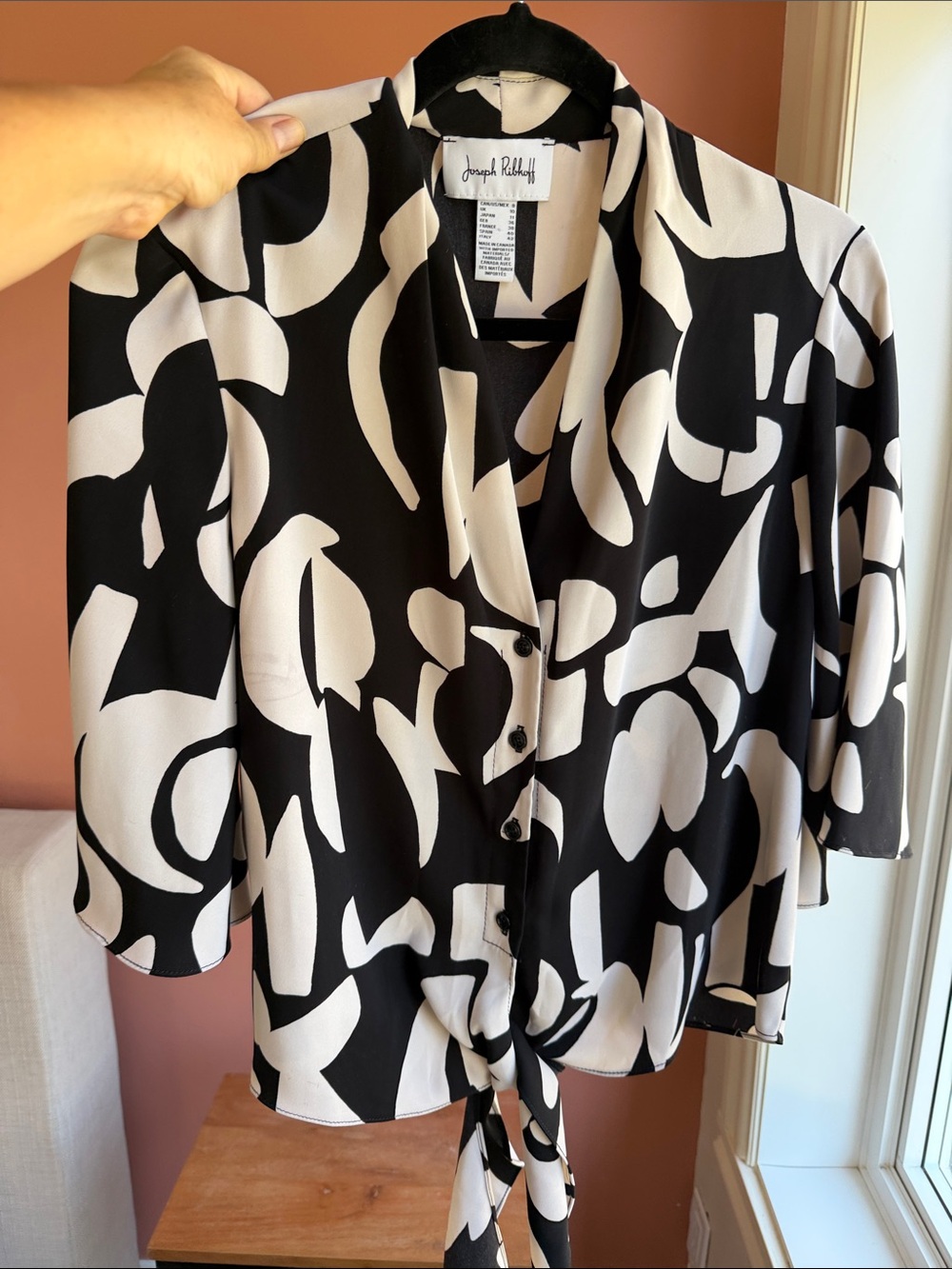 Joseph Ribkoff Black and White Abstract Tie-Front Button Down